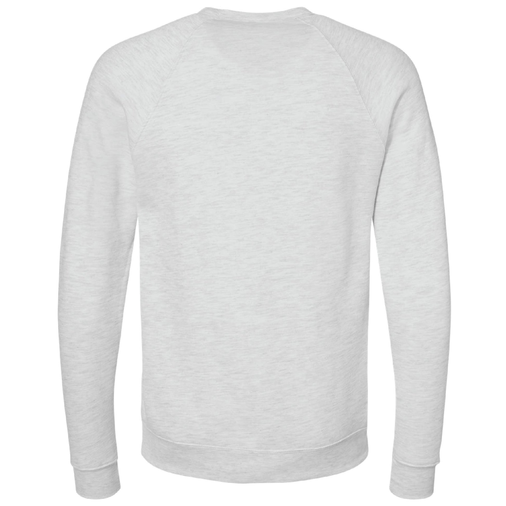 Back view of a light grey heather sponge fleece crewneck sweatshirt with long raglan sleeves and ribbed trim.