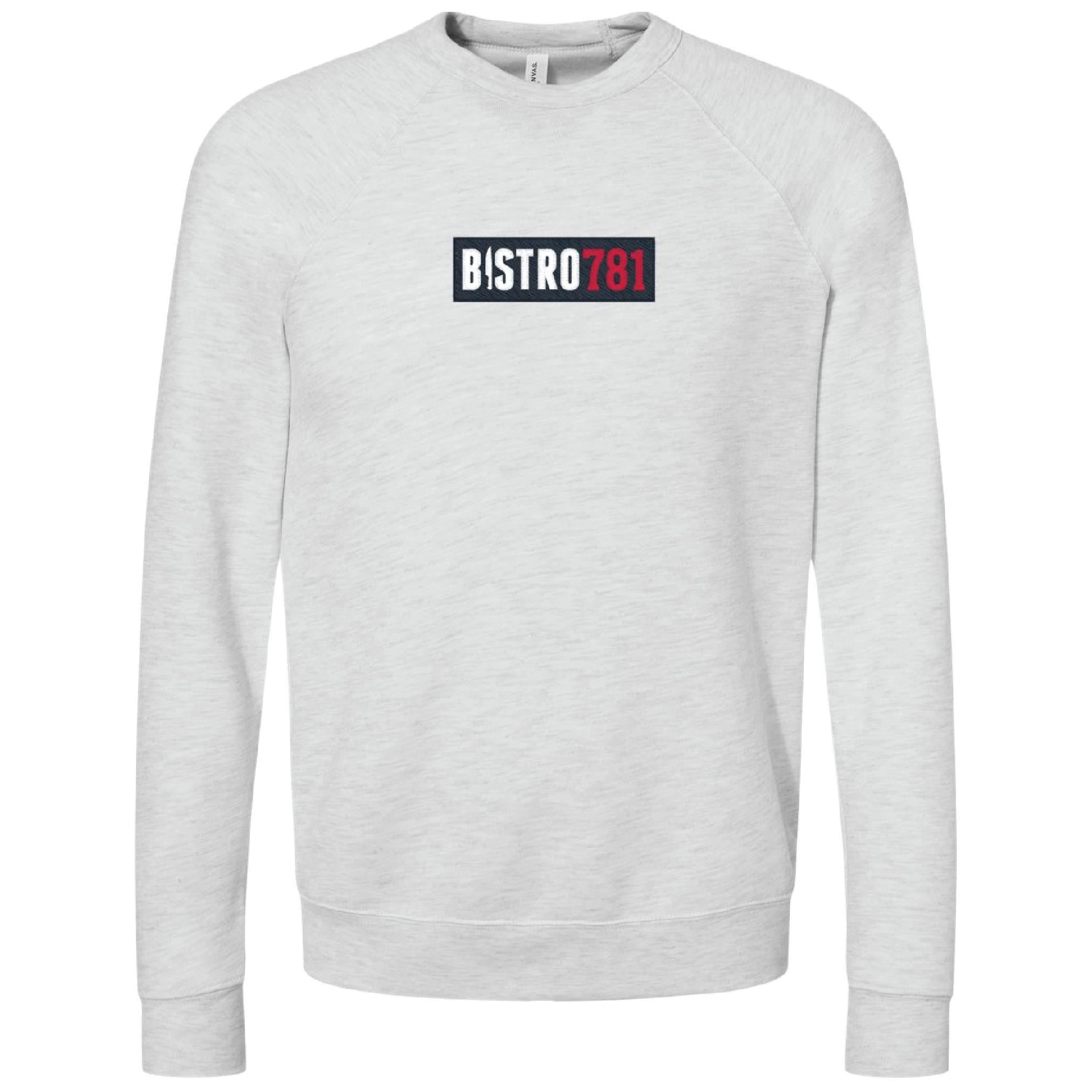 Light grey sponge fleece crewneck sweatshirt featuring a black and red Bistro781 logo on the chest.