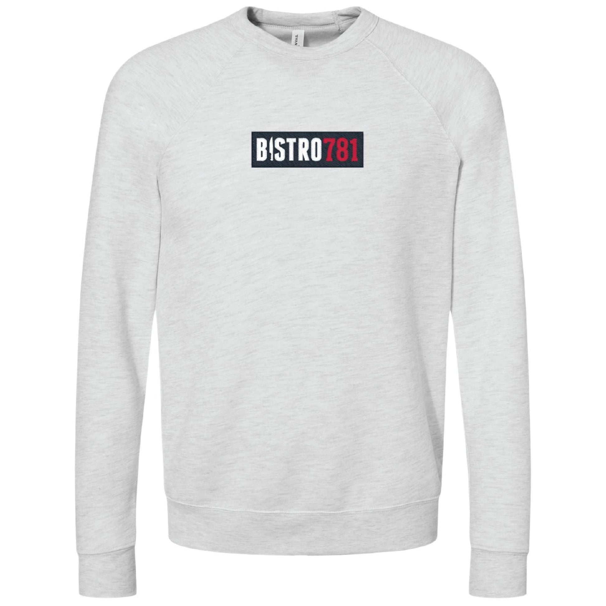 Light grey sponge fleece crewneck sweatshirt featuring a black and red Bistro781 logo on the chest.