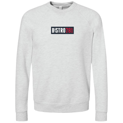 Light grey sponge fleece crewneck sweatshirt featuring a black and red Bistro781 logo on the chest.