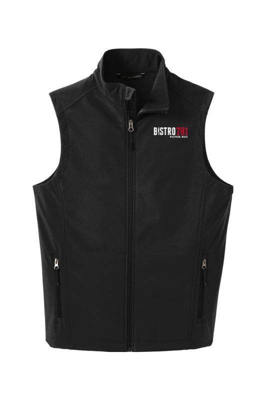 Black Bistro781 men's soft shell vest with a cadet collar, front zippered pockets, and a white and red logo on the chest.