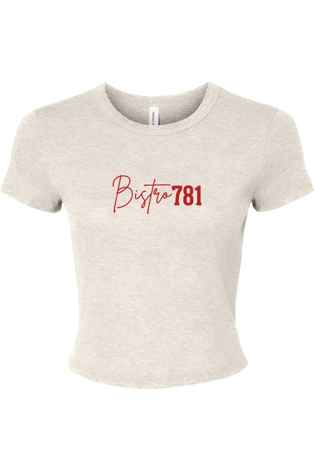 Heather oatmeal micro rib baby tee with red Bistro781 script logo, featuring a fitted silhouette and crew neck.