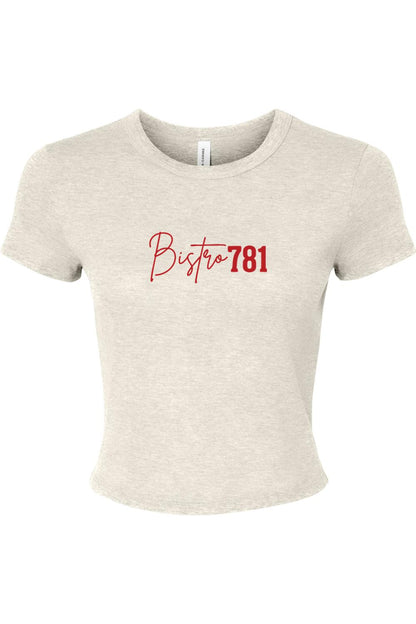 Heather oatmeal micro rib baby tee with red Bistro781 script logo, featuring a fitted silhouette and crew neck.
