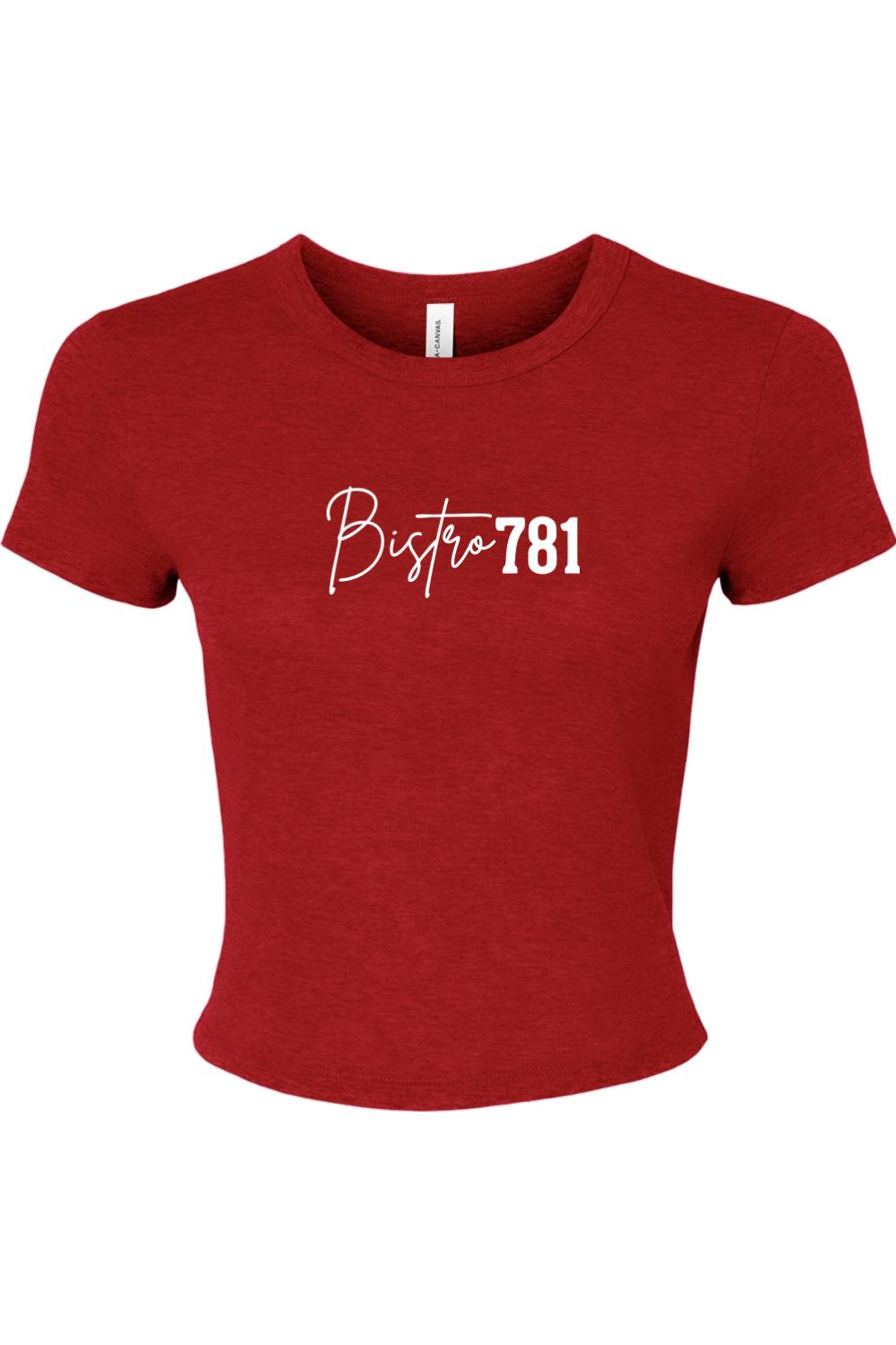 Red micro rib baby tee with white Bistro781 script logo, featuring a fitted silhouette and soft cotton-poly blend.