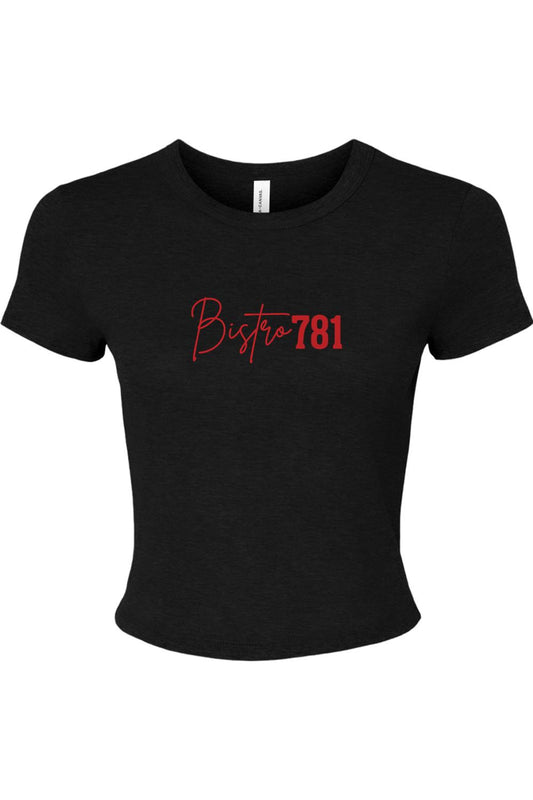 Black micro rib baby tee featuring a red Bistro781 script logo on the chest in a fitted, short-sleeve style.