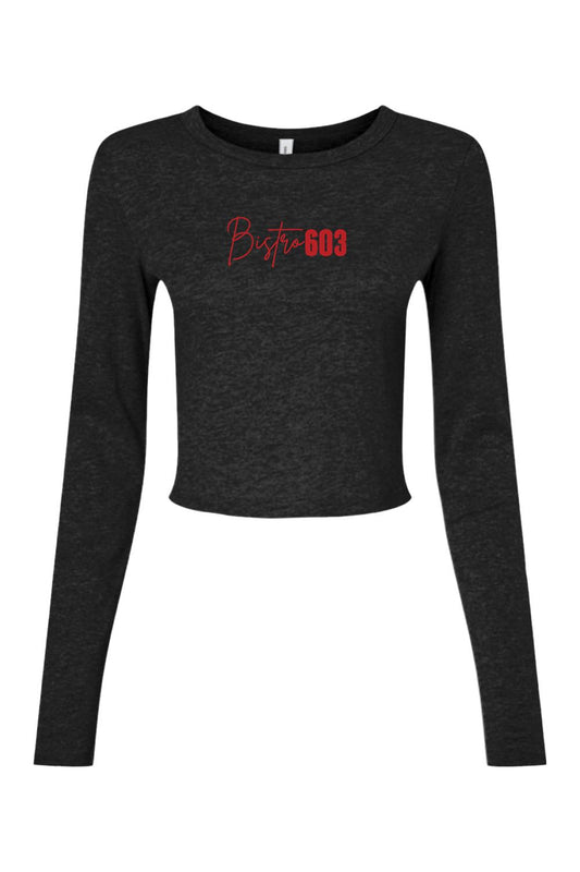 Black micro rib long sleeve baby tee featuring a red Bistro 603 graphic on the chest.