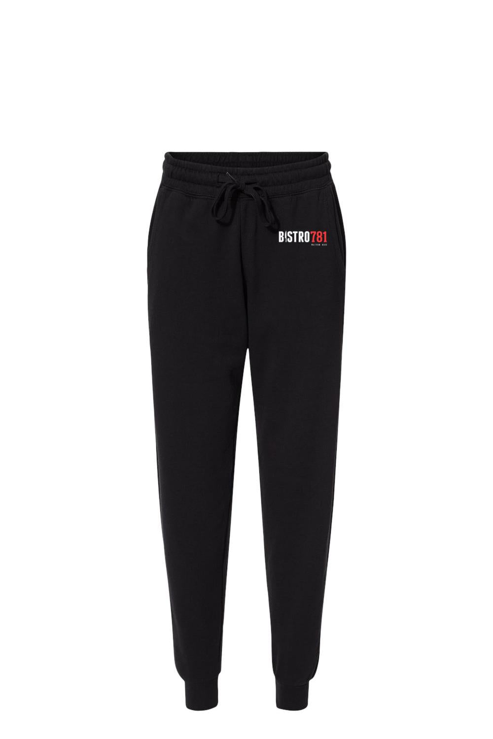 Black Bistro781 wave wash sweatpants with a drawstring waist, fleece lining, and logo detail on the hip.