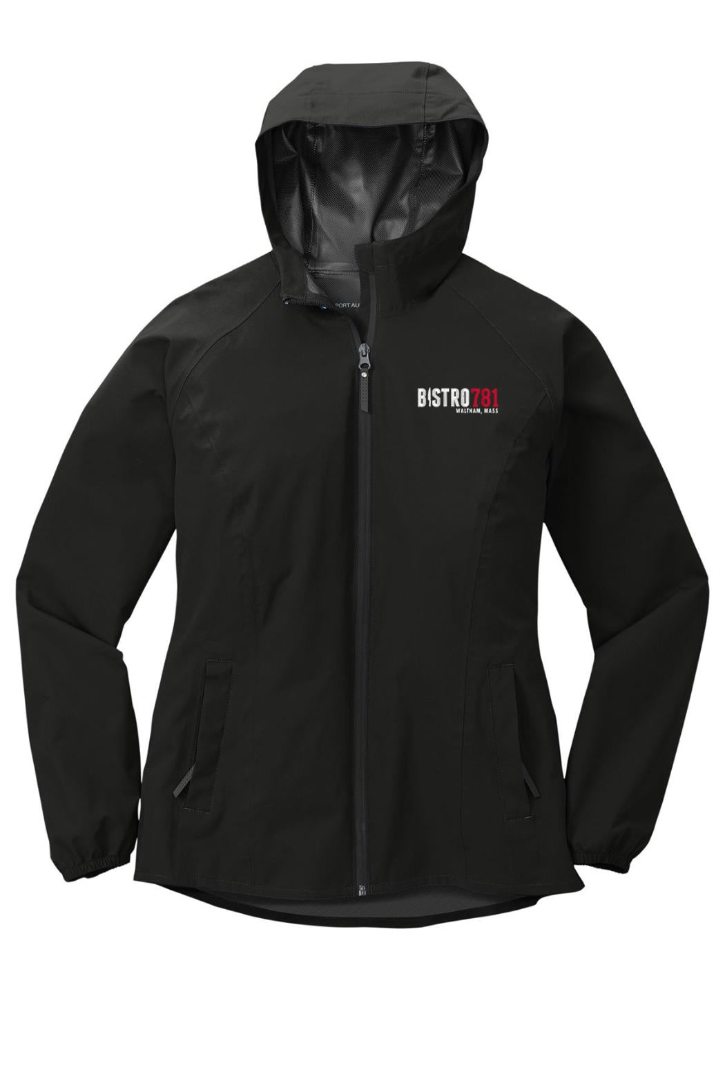 Black Bistro781 women's waterproof rain jacket with hood, front zipper, and elastic cuffs.