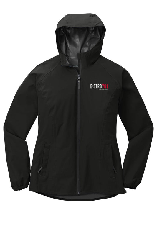 Black Bistro781 women's waterproof rain jacket with hood, front zipper, and elastic cuffs.