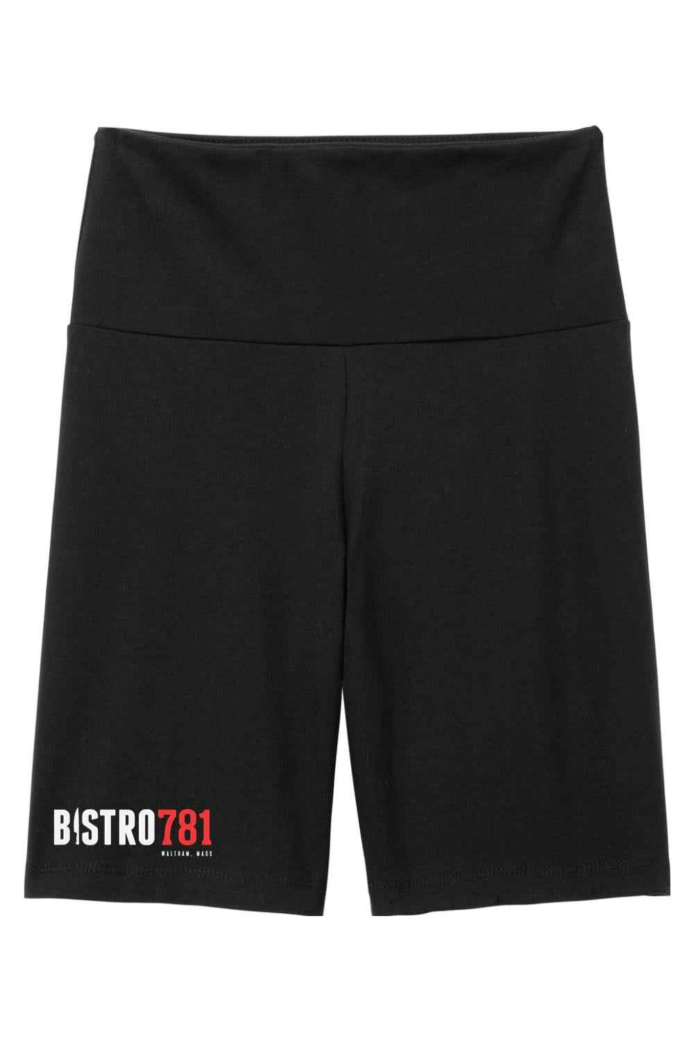 Black high-waist cotton-spandex bike shorts with Bistro781 logo on the leg.