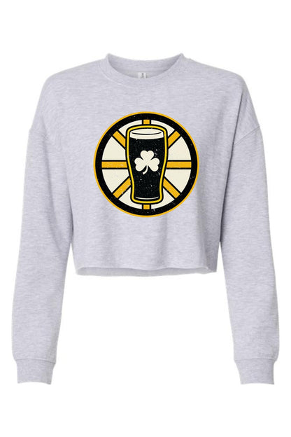 Light grey women's crop sweatshirt featuring a black and gold beer glass graphic with a white shamrock.
