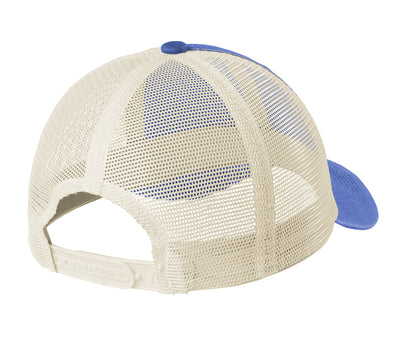 Blue and cream unstructured mesh-back trucker cap with an adjustable snapback closure and garment-washed cotton bill.