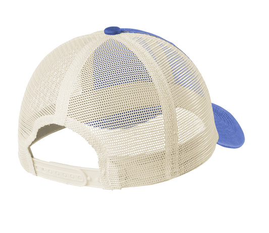 Blue and cream unstructured mesh-back trucker cap with an adjustable snapback closure and garment-washed cotton bill.