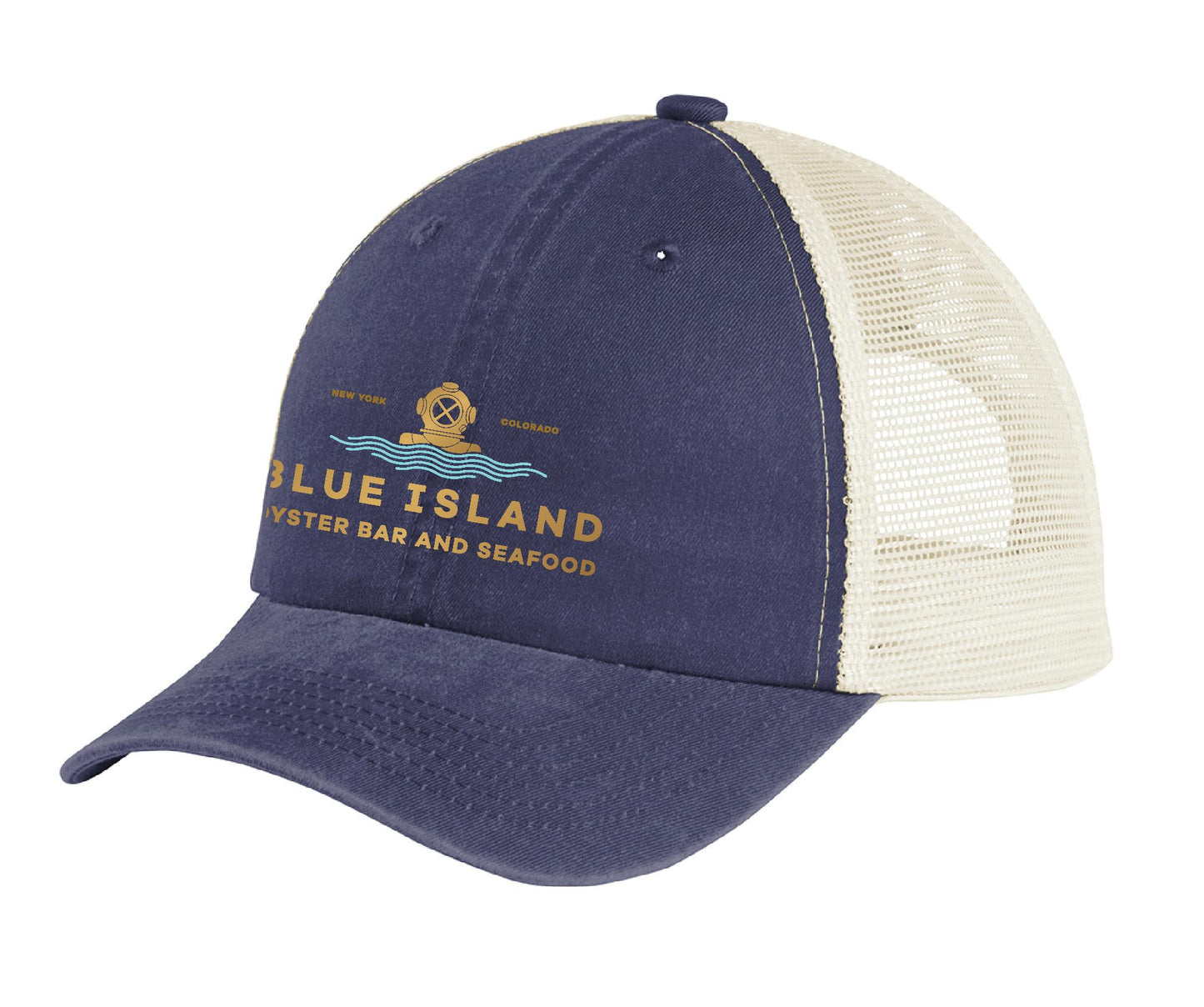 Blue unstructured cotton twill cap with a beige mesh back and Blue Island Oyster Bar logo on the front.