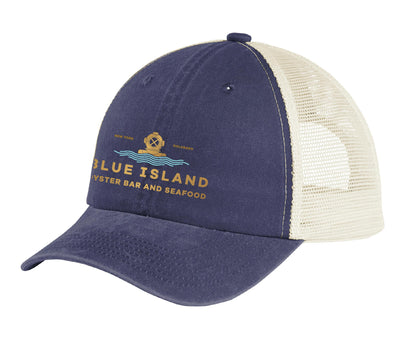 Blue unstructured cotton twill cap with a beige mesh back and Blue Island Oyster Bar logo on the front.