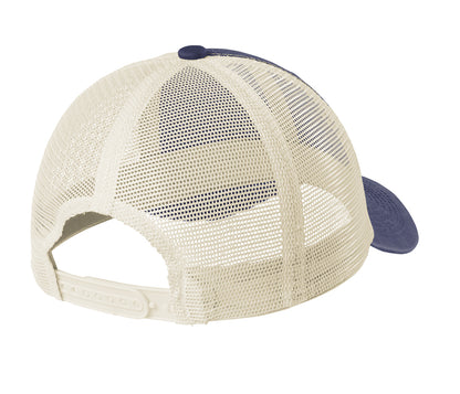 Blue and cream unstructured mesh back cap with an adjustable snapback closure and garment-washed cotton twill bill.