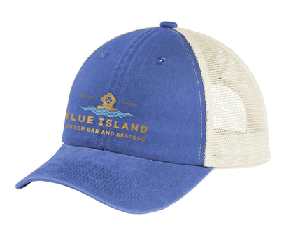 Blue Island unstructured cap with blue cotton twill front, beige mesh back, and branded seafood logo.