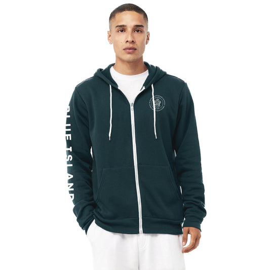 Dark green unisex full-zip sponge fleece hoodie with white drawstrings, YKK zipper, and Blue Island sleeve branding.