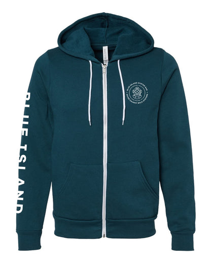 Blue Island teal sponge fleece full-zip hoodie with white drawstrings, metal zipper, and branded graphic prints.