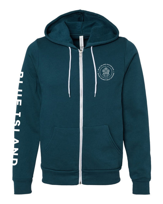 Blue Island teal sponge fleece full-zip hoodie with white drawstrings, metal zipper, and branded graphic prints.