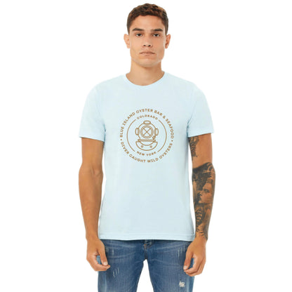 Light blue unisex cotton-blend t-shirt featuring a brown Blue Island Oyster Bar graphic on the chest.