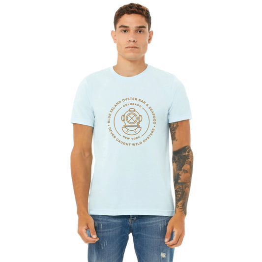 Light blue unisex cotton-blend t-shirt featuring a brown Blue Island Oyster Bar graphic on the chest.