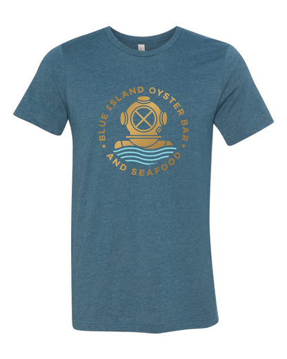 Blue heathered unisex crewneck t-shirt featuring a gold vintage diving helmet graphic and Blue Island Oyster Bar text.