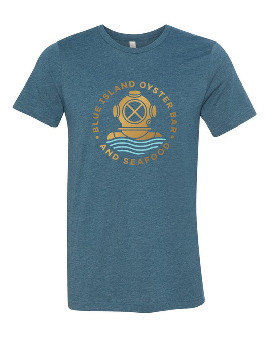 Blue heathered unisex crewneck t-shirt featuring a gold vintage diving helmet graphic and Blue Island Oyster Bar text.