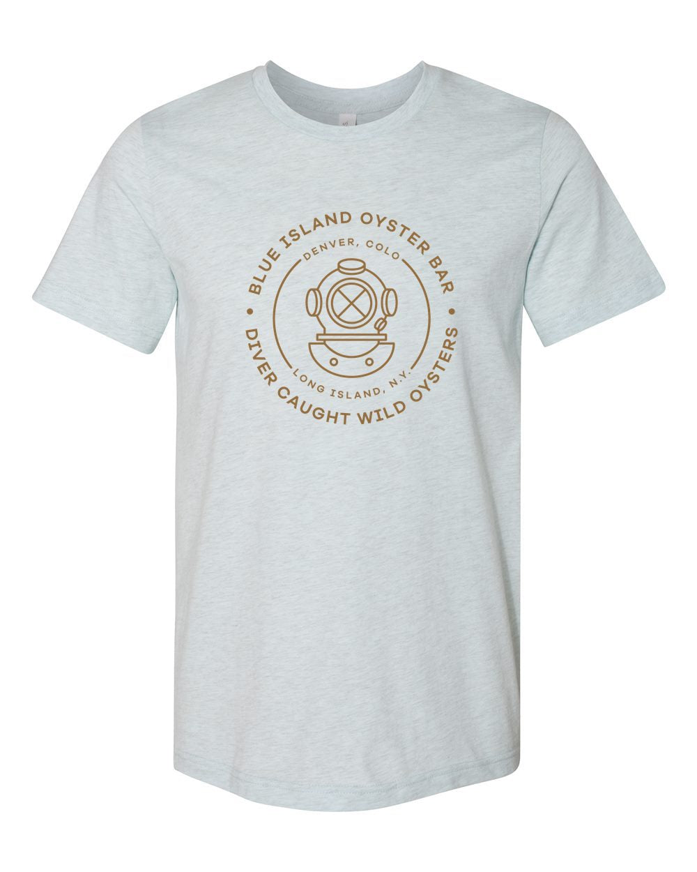 Light blue heathered unisex cotton-blend t-shirt with a brown Blue Island Oyster Bar logo graphic on the chest.