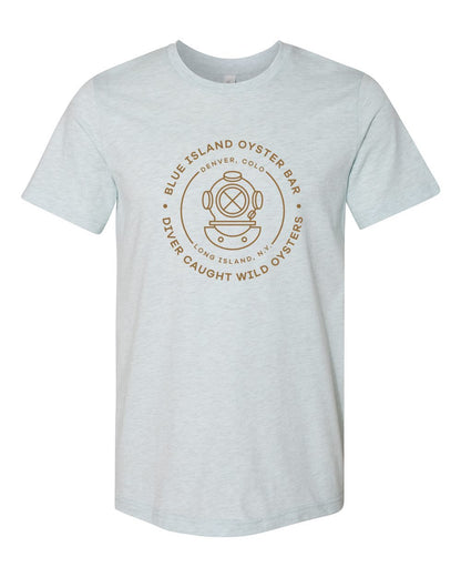Light blue heathered unisex cotton-blend t-shirt with a brown Blue Island Oyster Bar logo graphic on the chest.