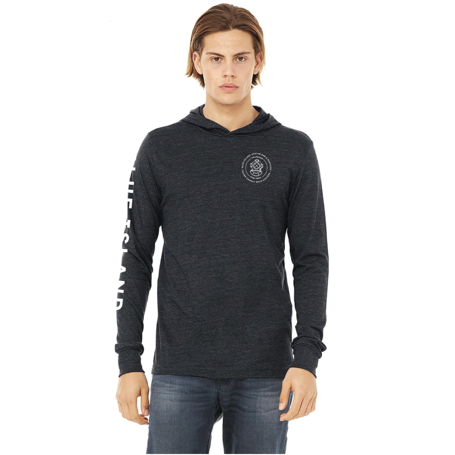 Charcoal heather long-sleeve hoodie with a crossover neckline, chest logo, and sleeve text graphic.