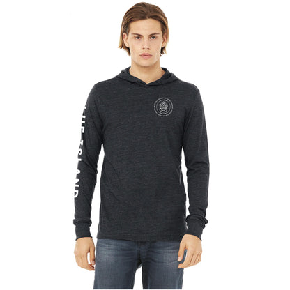 Charcoal heather long-sleeve hoodie with a crossover neckline, chest logo, and sleeve text graphic.