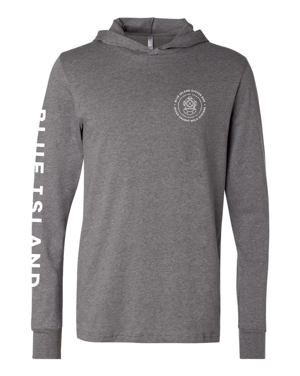 Dark grey heather long-sleeve hooded shirt with Blue Island logo on chest and sleeve.