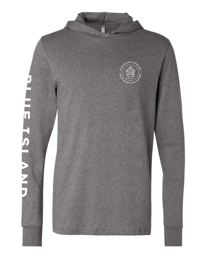 Dark grey heather long-sleeve hooded shirt with Blue Island logo on chest and sleeve.