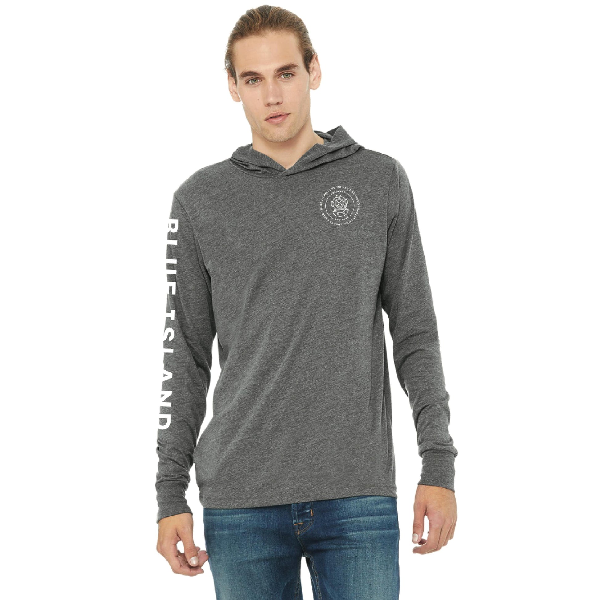 Unisex heather grey long-sleeve hoodie with Blue Island sleeve print and chest logo, made from soft cotton blend.
