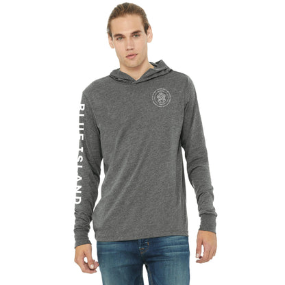 Unisex heather grey long-sleeve hoodie with Blue Island sleeve print and chest logo, made from soft cotton blend.