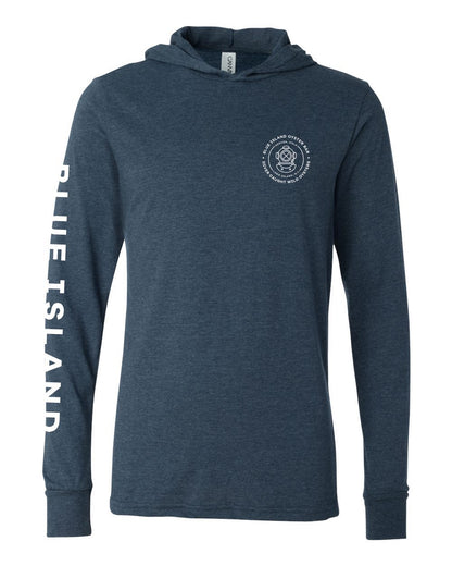 Blue heathered long-sleeve hoodie with white Blue Island Oyster Bar logo on chest and sleeve text.