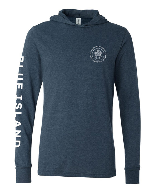 Blue heathered long-sleeve hoodie with white Blue Island Oyster Bar logo on chest and sleeve text.