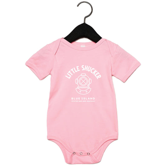 Light pink cotton infant one-piece with white Little Shucker diver helmet graphic, envelope neck, and snap leg closure.