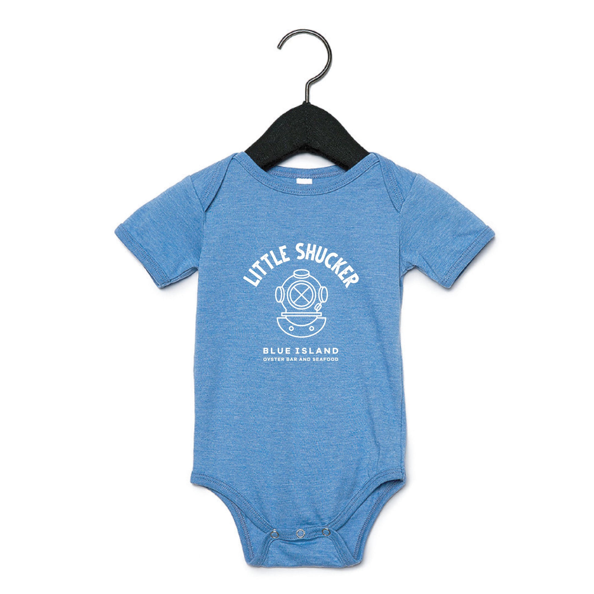 Blue heather cotton infant one-piece with Little Shucker diver helmet graphic, envelope neck, and snap leg closure.