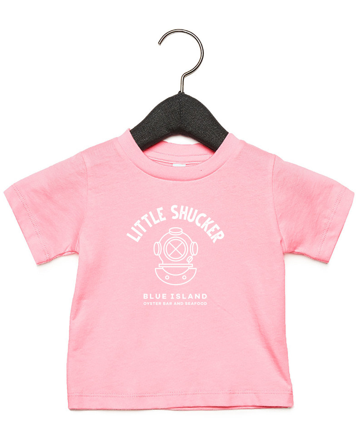 Pink infant t-shirt with white Little Shucker diver helmet graphic on soft combed cotton fabric.