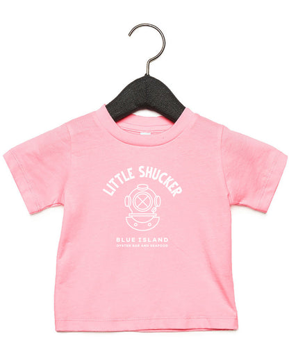 Pink infant t-shirt with white Little Shucker diver helmet graphic on soft combed cotton fabric.