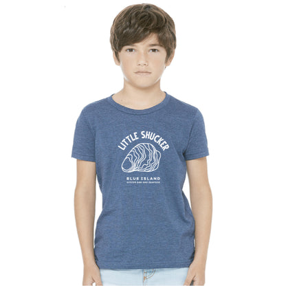 Youth wearing a blue heathered cotton-blend t-shirt with a white Little Shucker oyster graphic on the chest.