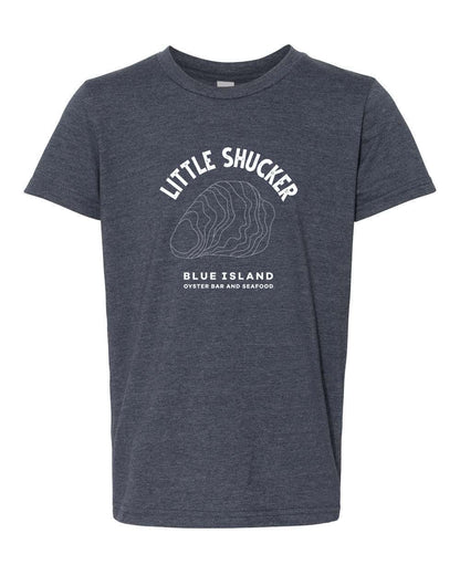 Heather navy youth t-shirt with white Little Shucker oyster graphic and Blue Island Oyster Bar branding.