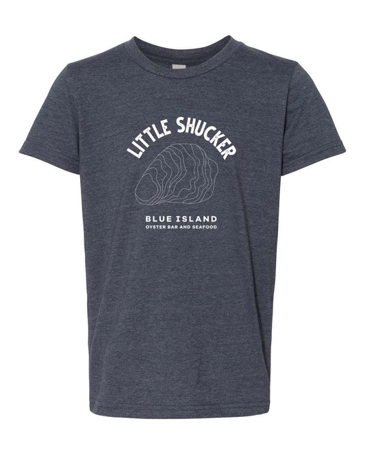 Heather navy youth t-shirt with white Little Shucker oyster graphic and Blue Island Oyster Bar branding.