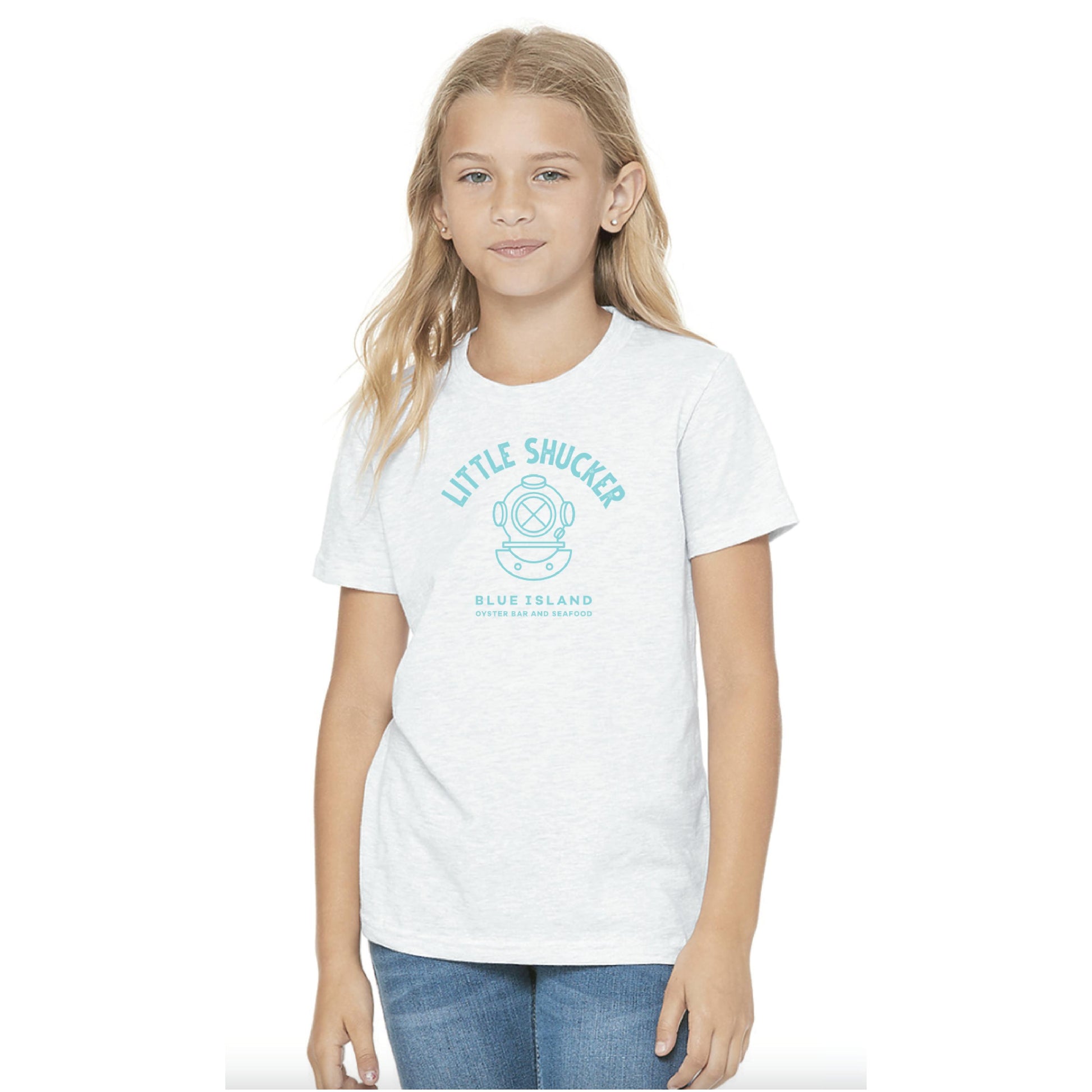 Youth wearing a heather white cotton t-shirt with a blue Little Shucker oyster bar graphic on the chest.
