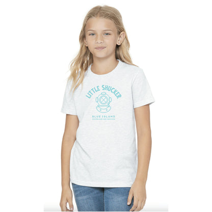 Youth wearing a heather white cotton t-shirt with a blue Little Shucker oyster bar graphic on the chest.