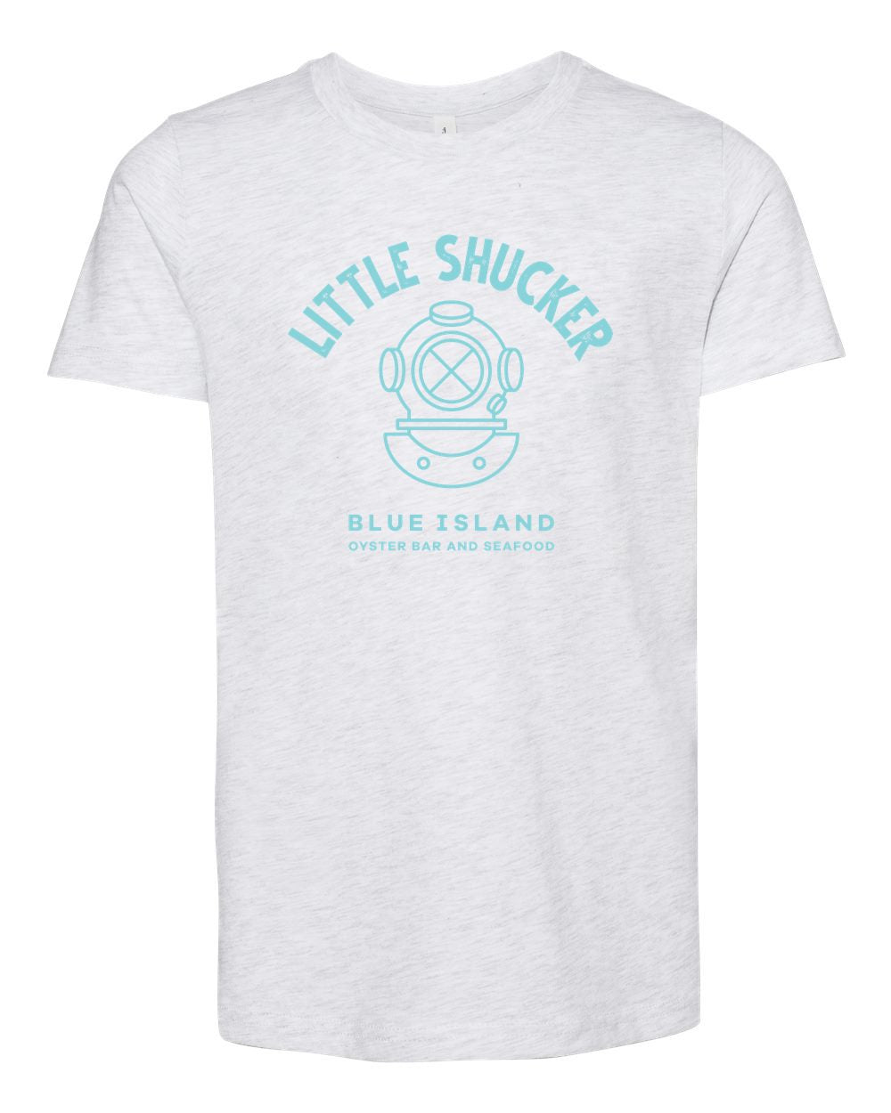 Light heather gray youth t-shirt featuring a blue Little Shucker diver helmet graphic and Blue Island branding.