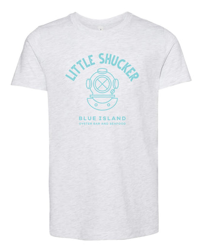 Light heather gray youth t-shirt featuring a blue Little Shucker diver helmet graphic and Blue Island branding.