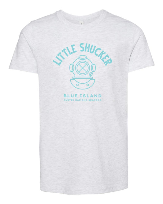 Light heather gray youth t-shirt featuring a blue Little Shucker diver helmet graphic and Blue Island branding.